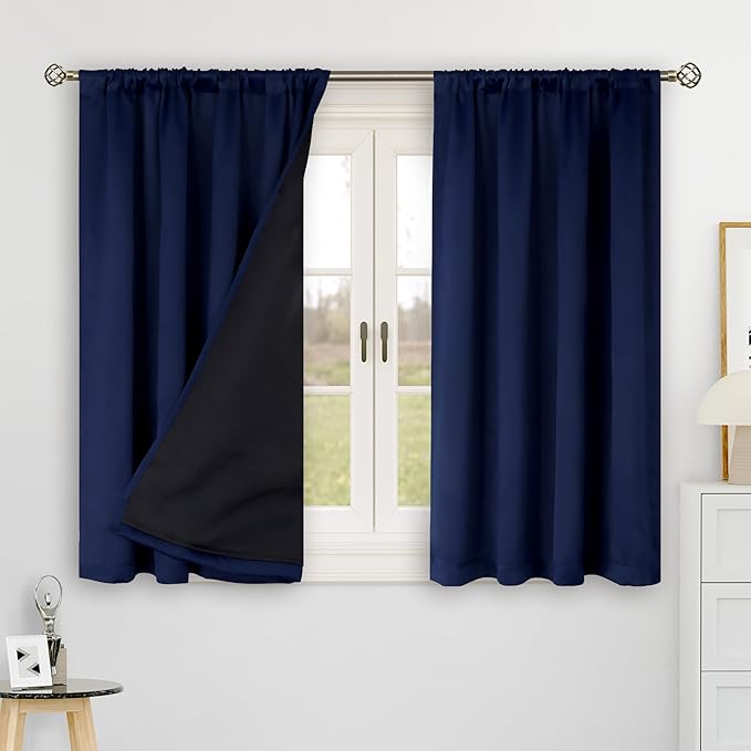 BGment Navy Blue 100% Blackout 48 Inch Curtains for Small Window, Rod Pocket and Back Tab Double Layer Black Out Thermal Insulated Room Darkening Curtain for Kitchen, 2 Panels, Each 42 x 48 Inch