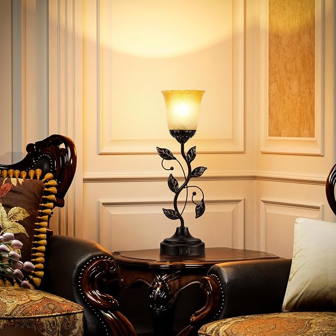 Kakanuo Touch Table Lamp Bedside Lamp Nightst Lamp USB Charging Ports for Living Room 3 Way Dimmable Traditional Leaf Lamp Retro Table Lamp for Bedroom Amber Glass Lampshade LED Bulb Included)