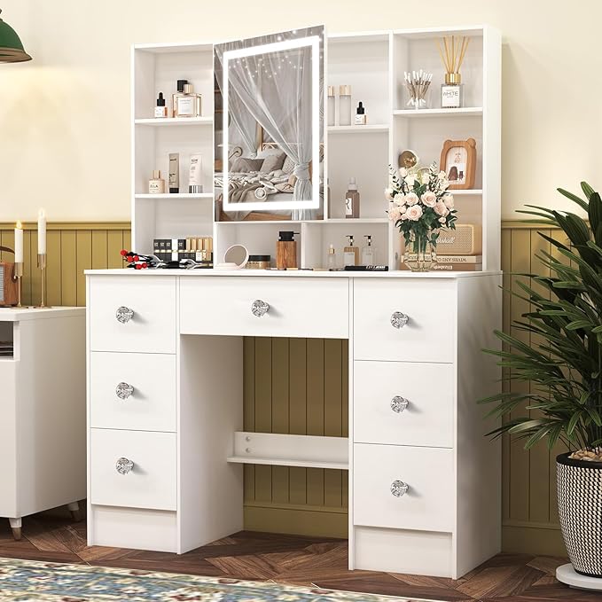 Large Vanity Table, Makeup Vanity with Mirror and LED Lights, 7 Drawers 8 Open Shelves, Crystal Handle, Hollywod Vanity Table for Girls and Women,100 * 40 * 140cm, Modern White