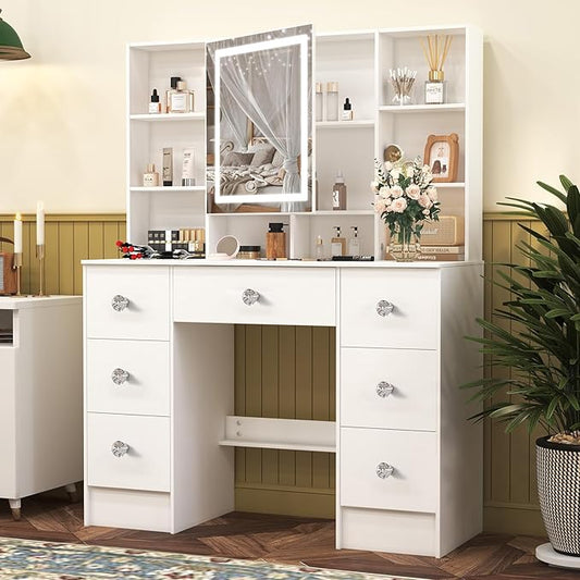 Large Vanity Table, Makeup Vanity with Mirror and LED Lights, 7 Drawers 8 Open Shelves, Crystal Handle, Hollywod Vanity Table for Girls and Women,100 * 40 * 140cm, Modern White