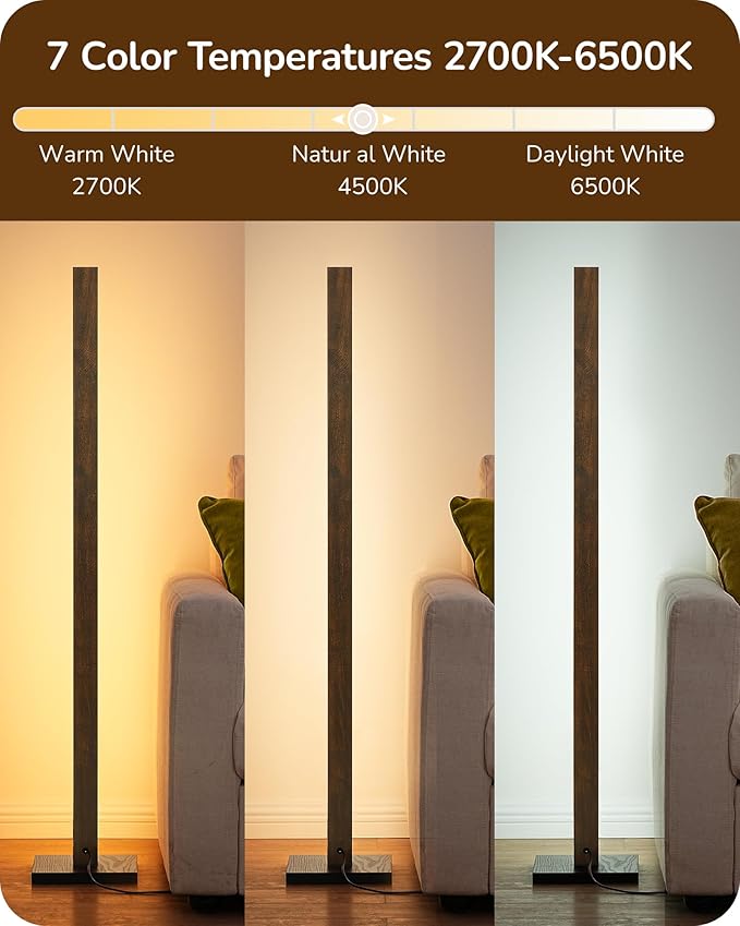 EDISHINE Wooden LED Corner Floor Lamp, Modern Standing Light with Remote, Minimalist Dimmable Floor Lamps for Living Room, Bedroom, Office, 7 Color Temperature 2700~6000K, 48.43"
