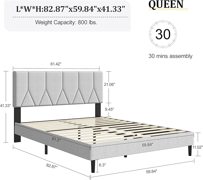 Queen Size Bed Frame, Platform Bed Frame with Velvet Upholstered Headboard, Queen Upholstered Mattress Foundation with Strong Wooden Slats, No Box Spring Needed, Noise Free, Easy Assembly