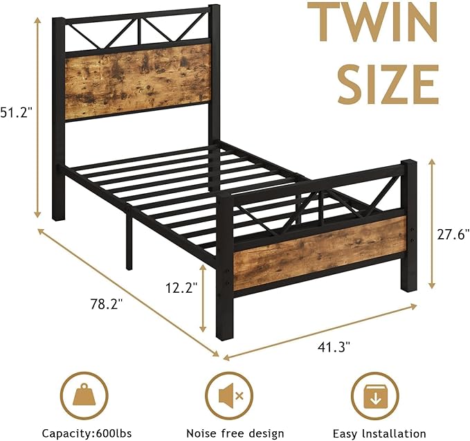 Twin Bed Frames, Twin Beds with 51.2" Tall Headboard, Industrial Bed Frame Twin with Heavy Duty Metal Slats Support, No Box Spring Needed, Noise-Free, Easy Assembly, Rustic Brown