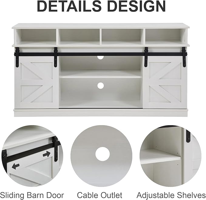Softa 58" TV Stand, Modern & Farmhouse Wood Entertainment Center for TVs Up to 65", with Sliding Barn Door, Storage Cabinet Table, Adjustable Shelves (White)