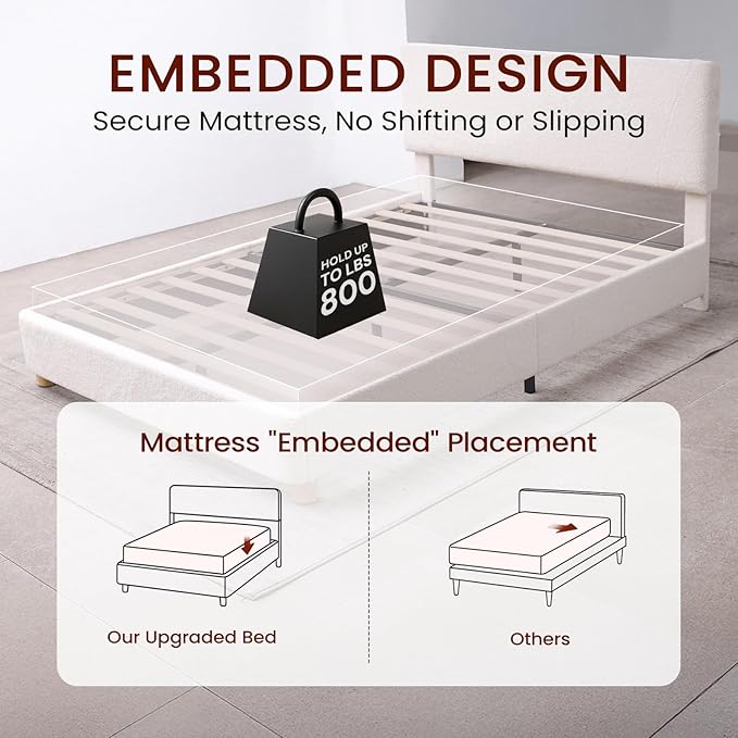 Full Size Boucle Bed Frame, Upholstered Cloud Bed Frame with Adjustable Headboard, Solid Wood Legs, Rounded Corners Design & Easy Assembly – Modern Platform Bed,Cream