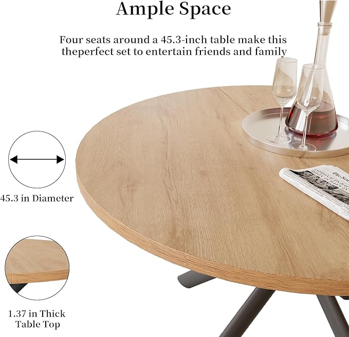 45.3 Inch Modern Round Dining Table for 4, Space-Saving Dinette with Carbon Steel Legs for Home Kitchen Apartment(Oak Table)