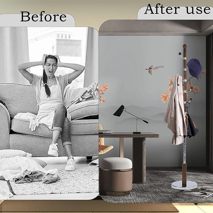 Coat Rack Freestanding, Wooden Tree Coat Rack Stand with 3 Adjustable Sizes Coat Tree and 14 Hooks, Sturdy Hall Tree with Solid Round Base for Entryway, Hallway,Bedroom (Walnut Metal)