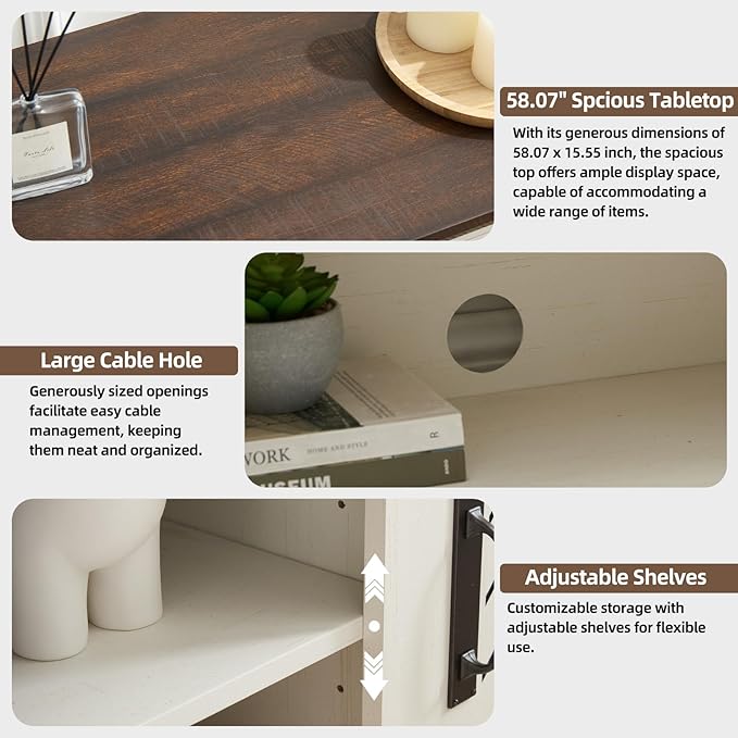 Farmhouse TV Stand for 65+ Inch TV, 25" Tall Entertainment Center with Barn Door, Rustic TV Stands for Bedroom with Adjustable Shelf, Wooden TV Consoles for Living Room, Antique White