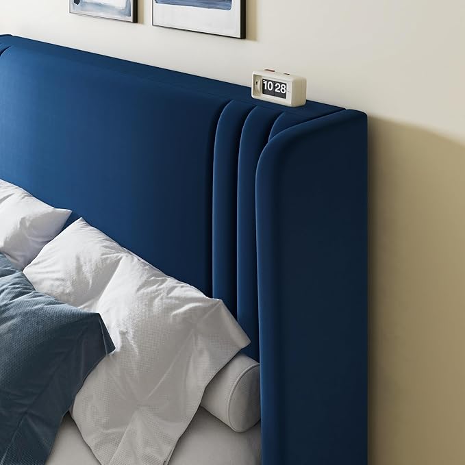Allewie Queen Size Velvet Platform Bed Frame with Vertical Tufted Wingback Headboard, Easy Assembly, Under Bed Storage, No Box Spring Required, Modern Style, Blue