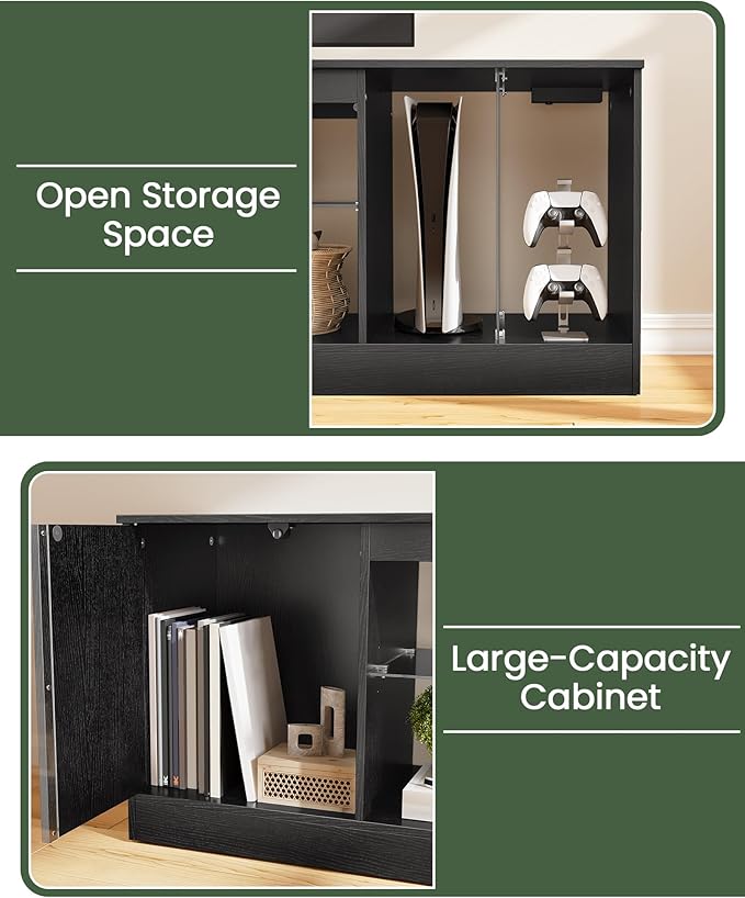 TV Stand with Power Outlets 55 65 inch, Modern Entertainment Center with Multi-Color LED Light, Media TV Console with Adjustable Glass Shelves for Living Room Black MDS01UDBB