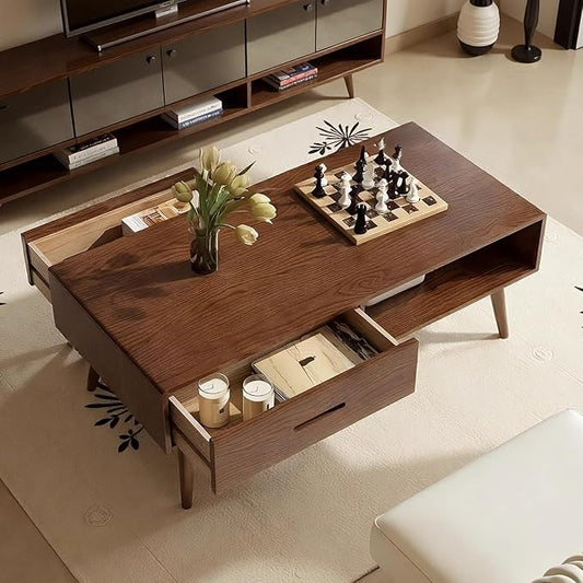 100% Solid Wood Coffee Table with Storage, Mid Century Modern Coffee Tables for Living Room, 39.37" W Coffee Table with 2 Drawers for Home (Oak Walnut Colour)