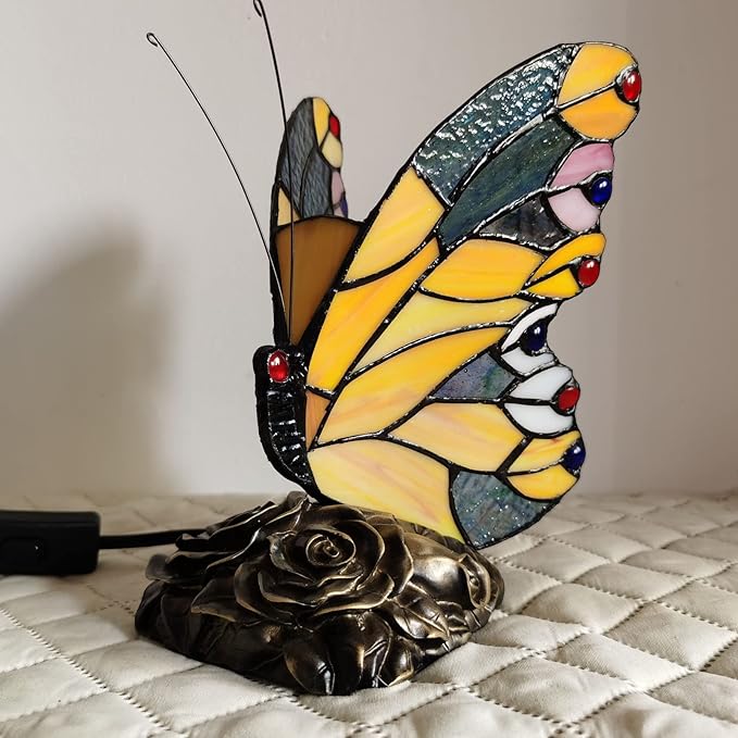 Bedside Table Lamp LED Tiffany Table Lamps Yellow Butterfly Stained Glass Shade ON Off Switch Night Light Side Table lamp for Living Room Bedroom Farmhouse Mothers Day Gifts