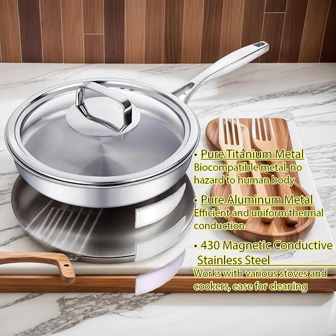10 Inch Pure Titanium Frying Pan with Glass Lid - Coating-Free & PFOA-Free | 2.5mm Thick Titanium Body | Naturally Easy-Release Surface | Induction/Gas/Oven Safe to 500°F