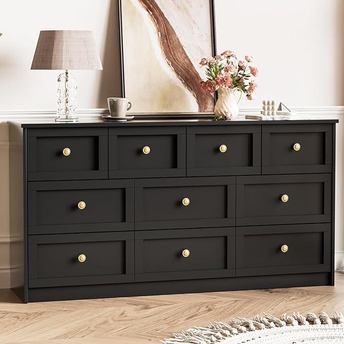 59.1" Wide Dressers & Chests of Drawers with Large Capacity Storage, Large Wooden Storage Organizer 10 Drawer Dresser for Bedroom（Black）
