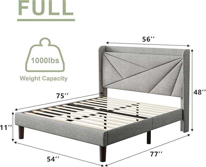 Feonase Full Bed Frame with Charging Station, Linen Upholstered Platform Bedframe with Wingback Headboard, Solid Wood Slats Support, Noise Free, No Box Spring Needed, Light Grey