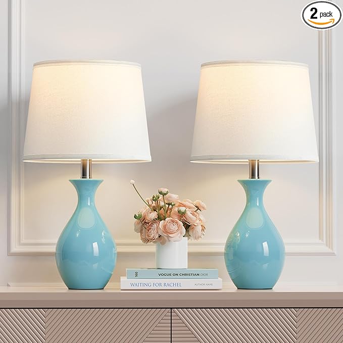 PARTPHONER Table Lamp Set of 2, Modern Ceramic Bedside Lamps for Night Stands, Classic Small Lamp Nightstand Lamp for Bedroom Living Room Desk End Table Rocker Swtich Sky Blue