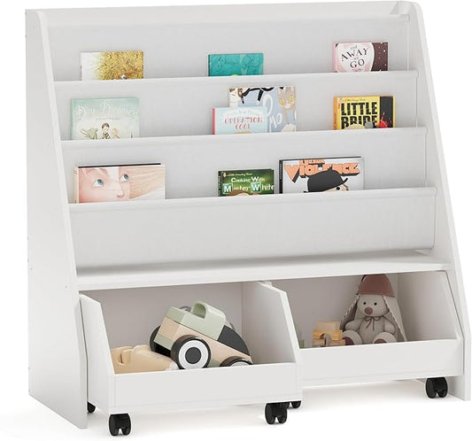 NACHES Kids Bookshelf,Toddler Bookcase Toy Bin with 2 Drawers 3 Sling Pockets –Children Bookshelf with Storage for Bedroom,Nursery or Playroom FSC Wood,Trapezoid 35" W, White (2 Movable Drawer)