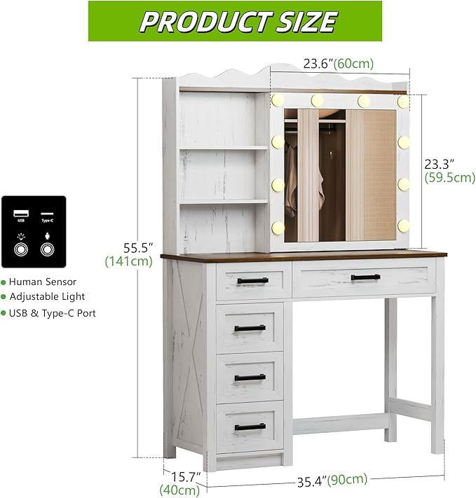 Makeup Vanity, Farmhouse Vanity with Sliding Mirror & 3 Levels of Open Storage Shelves, 35'' Intelligent Makeup Desk with Multi-Functional Charging Station & Hidden Storage for Bedroom, White