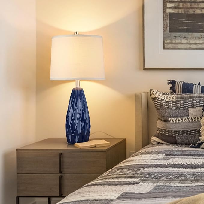 25'' Table Lamp Navy Blue Table Lamps Modern Ceramic Lamps for Night Stand - Dimmable Bedside Lamps for Nightstand, Bedroom Lamp for Living Room Desk End Table Office Guest Room
