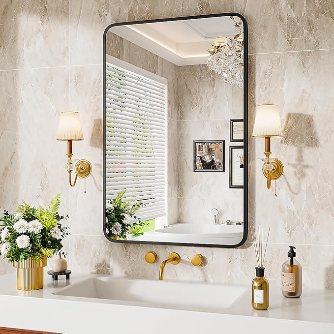 Bathroom Mirror 36" X 24" Wall Mount Dresser Metal Frame Rounded Rectangular Mirror Over Sink Vanity Hungs Horizontally Or Vertically for Bedroom, Entryway, Living Room,Black