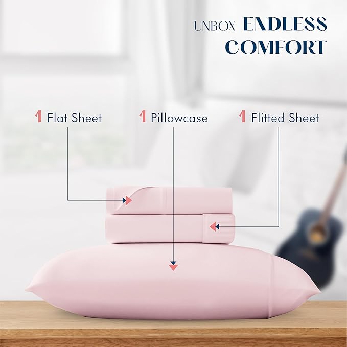 XOOX Linen 100% Cotton Twin XL Sheet Sets - 500 Thread Count Twin XL Sheets Cotton, Extra Soft, Sateen Weave, Cooling Deep Pocket Bed Sheet for Dorm Room, Luxury Hotel Quality Bedding (3 PC, Blush)