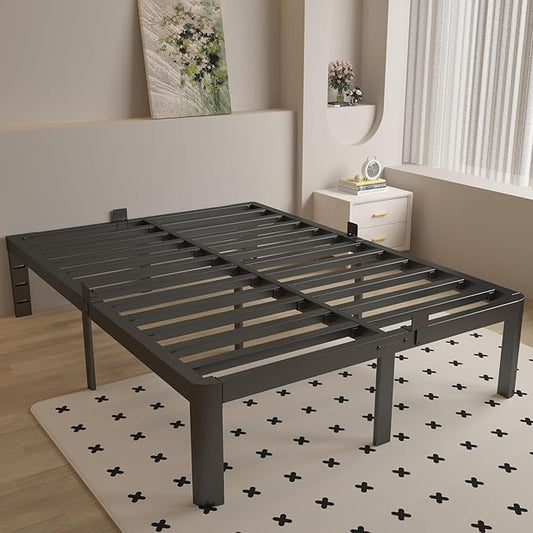 Full Size Bed Frame 14 Inch Black, Metal Bed Frame Full with Gaskets, No Box Spring Needed, Heavy Duty Steel Platform Supprt, Rounded Corner Design, Reserved Holes, Noise Free, Easy Assembly