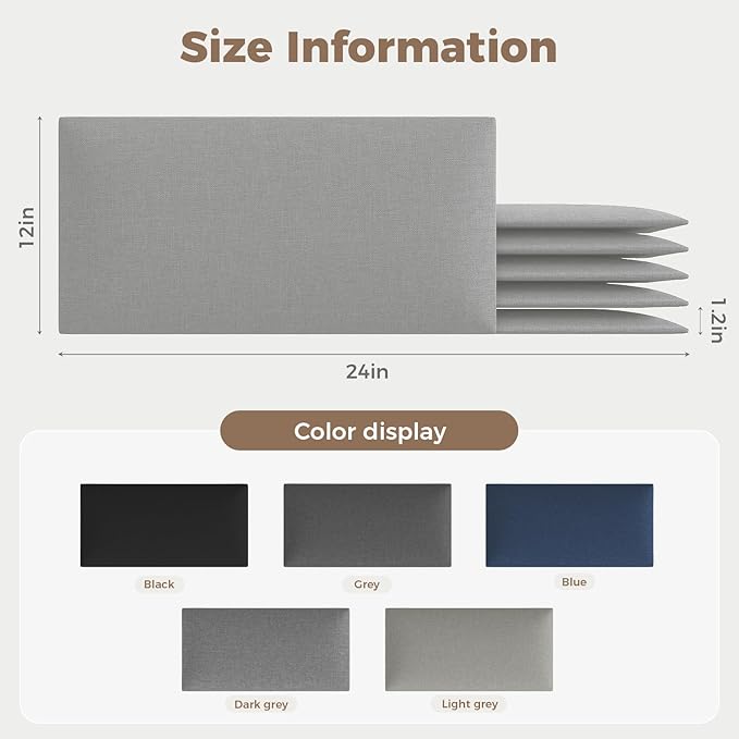 Airy Light Gray Linen Fabric Headboard 24x12 Inch 12-Panel Set - Wall-Mounted or Freestanding for Queen/King Beds, Breathable and Lightweight Design