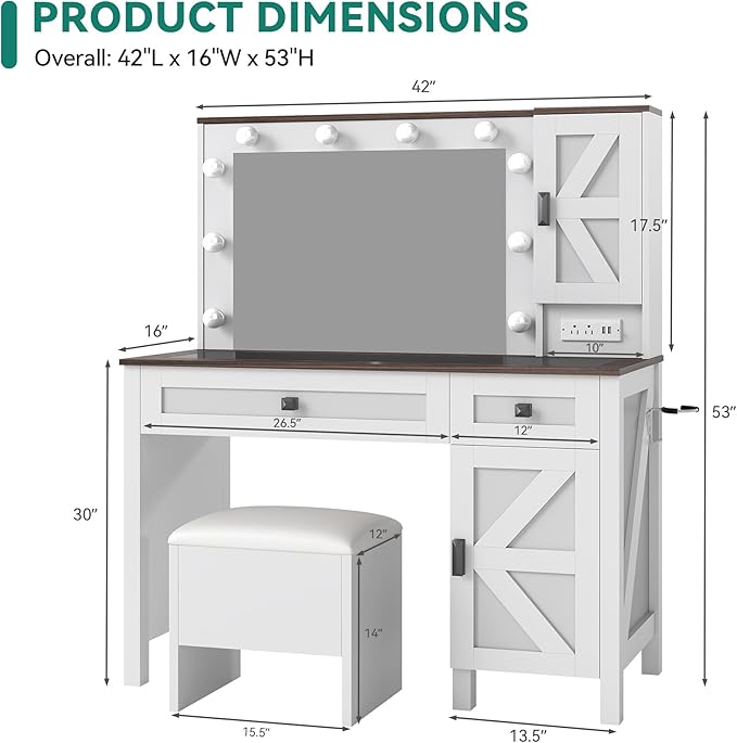 DWVO Farmhouse Vanity Desk with Light and Hollywood Makeup Mirror, Large Storage Space Vanity Set with 2 Drawers & 2 Cabinets, Dressing Table for Bedroom, Stool Included, White