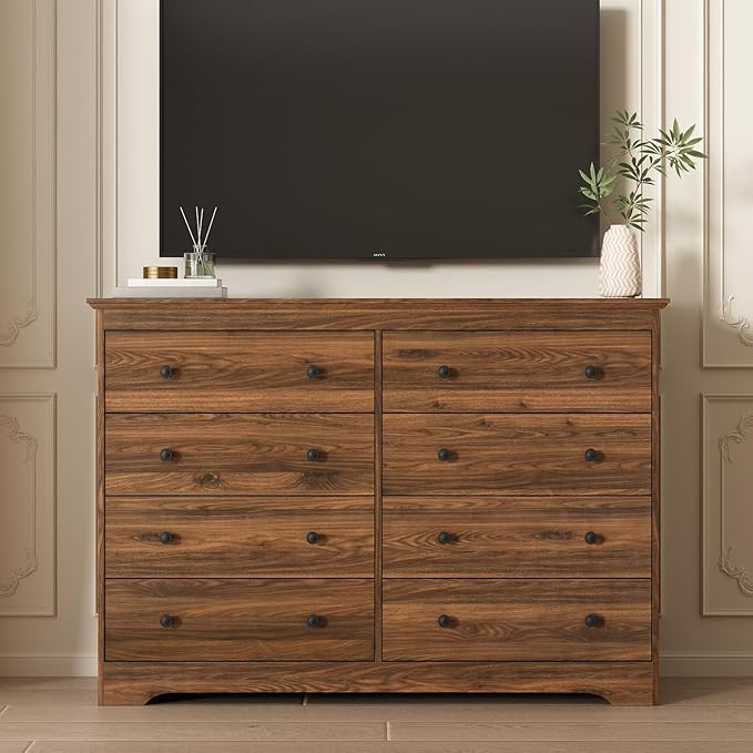 LYNSOM Modern 8 Drawer Dresser, 55.1" Wide Dressers & Chests of Drawers with Large Capacity Storage, Wood Mid Century Storage Dressers Organizer for Bedroom, Hallway, Brown