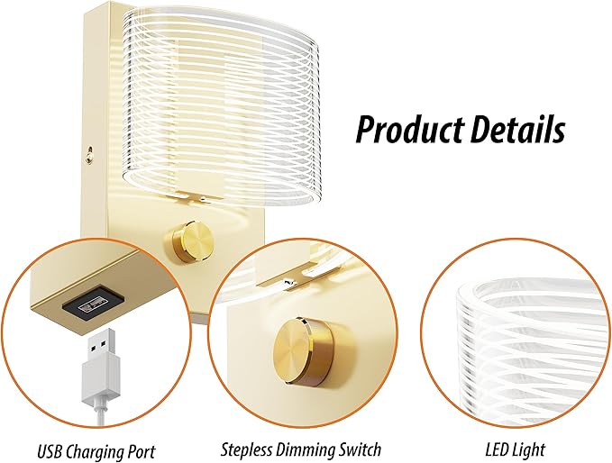 URSOLA Wall Sconce LED Wall Lamp with Dimmer Switch and USB Charging Port Oval Linear Sleek Lampshade 110 Volt Hardwired Wall Light 4000K Sconces Wall Lighting (Gold)