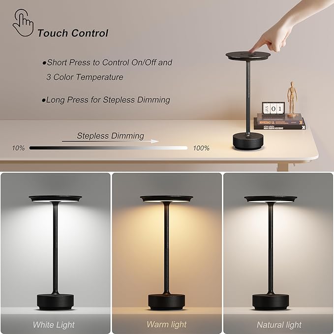 Rechargeable Table Lamps Cordless, Portable 5000mAh Outdoor Table Light, 3 Color Stepless Dimming LED Table Lamp with Memory Function, for Home/Dinner/Patio/Restaurant.(Diamond Black)