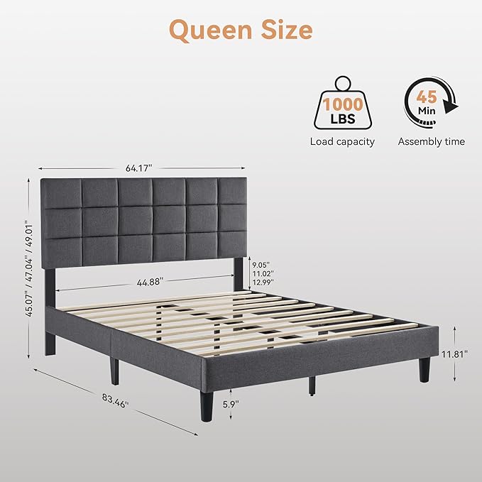 BedsPick Queen Size Bed Frame with Fabric Upholstered Headboard, Bed Frame Queen Size with Solid Wooden Slats Support, No-Noise, Easy Assembly, No Box Spring Needed with 1000LBS, Grey