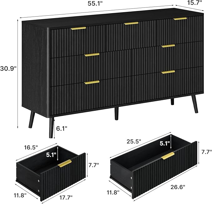 LYNSOM Fluted Dresser and Nightstand Set, 3 Pieces Bedroom Set, 55 Inch Wide 7-Drawer Dresser & 1-Drawer Nightstands Set of 2, Modern Dressers Set for Bedroom, Living Room, Black