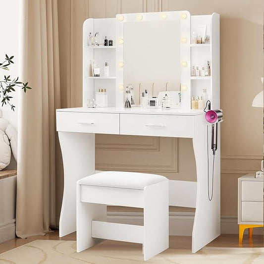 Vanity Desk with Mirror and Lights, Makeup Vanity Table and Chair Set with Power Strip, 3 Color Modes Adjustable Brightness Dressing Table, White Vanity for Bedroom