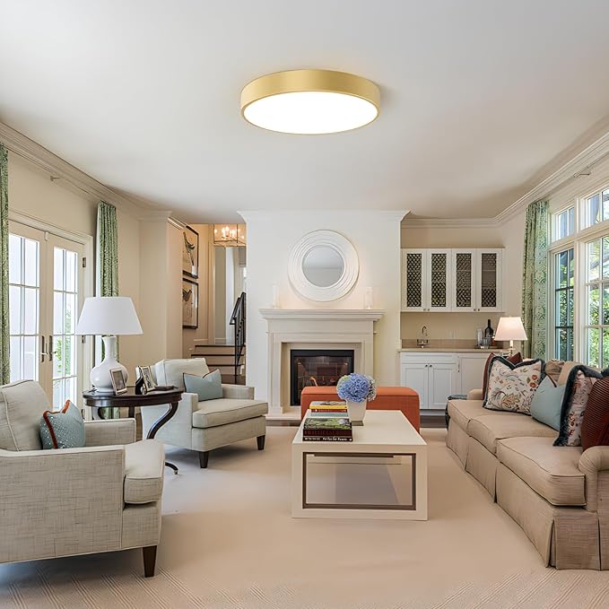 Large Gold Flush Mount Ceiling Light, 18 Inch Oversized Close to Lighting Fixtures, Minimalist Modern Style Round Lamp for Living Room, Bedroom, Kitchen Island (E12, 4-Light)