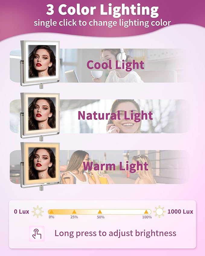 Rechargeable Wall Mounted Makeup Mirror with Lights, 4000mAh Double Sided 1X/10X Magnifying Vanity Mirror with 3 Color Lights, Touch Dimmable, 360° Extension Foldable Arm(Brushed Nickel）