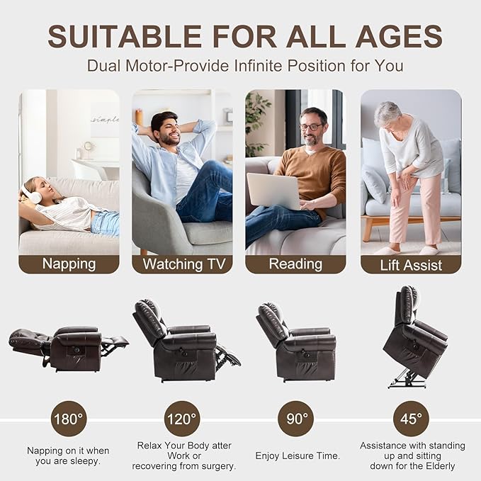 CDCASA Dual Motor Lay Flat Lift Chairs Recliners for Elderly with Massage and Heat, Breathable Leather Infinite Position Large Sleeping Electric Power Lift Chair Recline, Set of 2, Brown