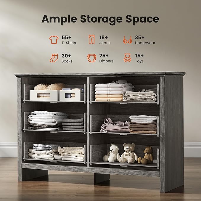 Amada Farmhouse 6 Drawer Dresser for Bedroom, 47.2 Inch Wide Wood Dresser with Natural Texture, Large Drawers, Rustic Farmhouse Chest of Drawers for Bedroom, Living Room, Hallway, Gray