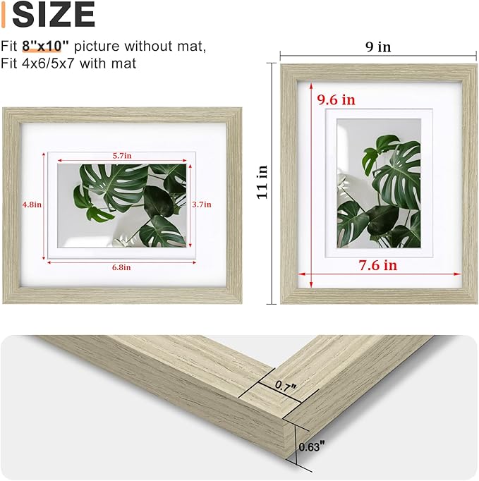 Egofine 8x10 Picture Frame Made of Solid Wood Covered by Plexiglass, Display Pictures 4x6/5x7 with Mat or 8x10 Without Mat for Table Top Display and Wall Mounting Photo Frame, Distressed Wood Grain