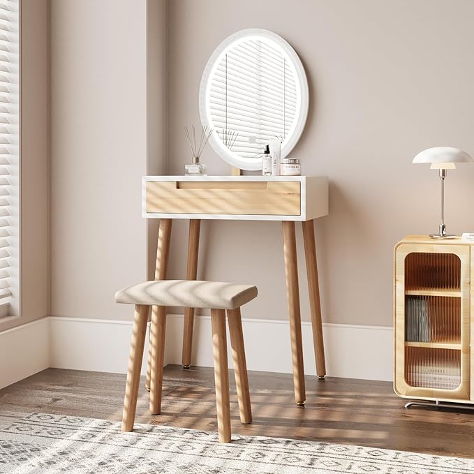 ARTETHYS Small Makeup Vanity Desk with 3 Adjustable Lighted Mirror and Chair, 24 Inch Vanities Set with Drawer Wooden Frame Dressing Table for Mini Space