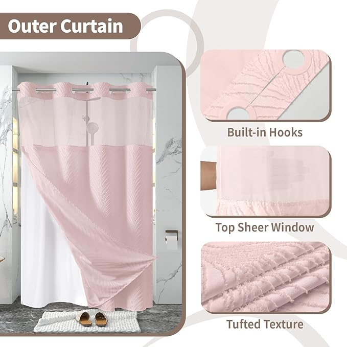 stall no Hook Tufted Shower Curtain with snap in Liner Set, White Waterproof Fabric Inner Liner,Boho Style Shower Curtain with See Through top Window, Pink, 54Wx80H