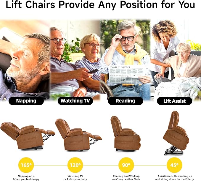 Small Power Lift Chairs Recliners for Petite Elderly, 3 Position Lift Recliner Chair for Small Space, Heating and Massage, USB-A USB-C, Cup Holder, Side Pocket Caramel