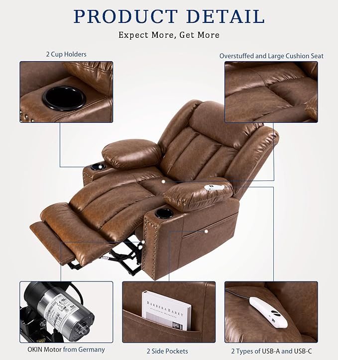 Large Power Lift Chair Recliner for Elderly with Heated and Massage, Overstuffed Adjustable Lift Chair, 3 Position, Breathable Leather, USB-A&USB-C, Cup Holder (Tall Man-7523, Chocolate)