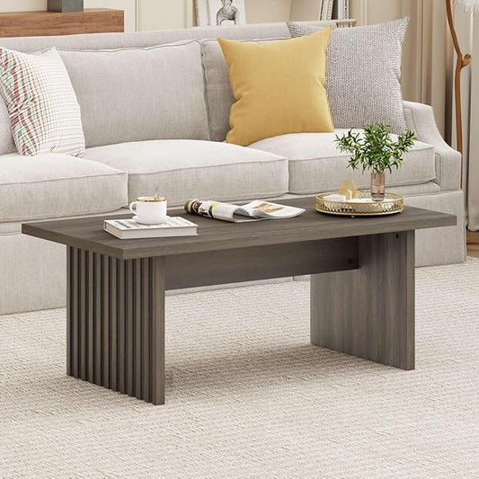 BON AUGURE Fluted Coffee Table, Wood Living Room Tables, Rectangle Coffee Tables for Living Room, Center Table for Home, Office (Greige Oak, 43Inch)