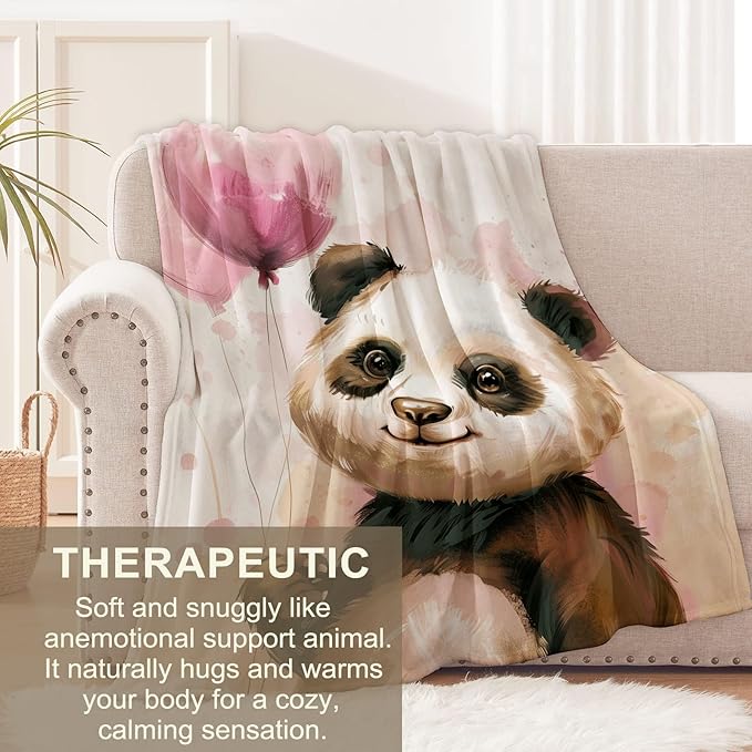 Panda Blanket for Boys Girls Teen, Flannel Panda Blankets Gifts, Panda Holding Pink Balloon Throw Blanket for Sofa Couch Bed Living Room Soft Warm Cozy Panda Decor 60" x 80"