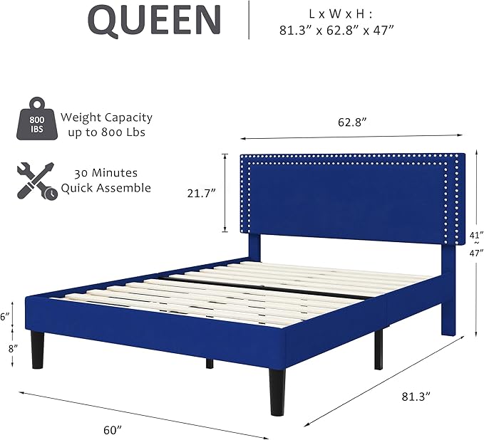 VECELO Queen Size Bed Frame with Adjustable Upholstered Headboard, Wooden Slats Platform, Noise-Free Design, Easy Assembly