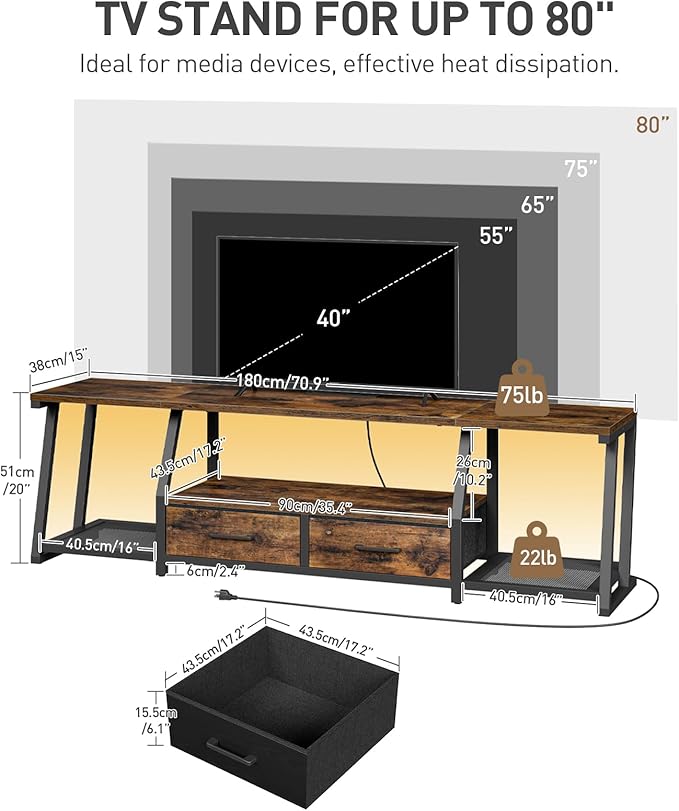 LED TV Stand with Fabric Drawers for 80 Inch TV, Entertainment Center with Power Outlets and Open Storage Shelves, Industrial Media TV Console Table for Living Room, Bedroom, Rustic Brown