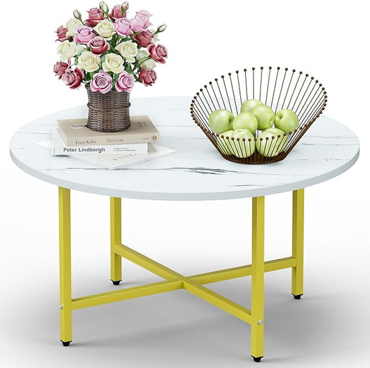 Coffee Table, 23.6" Coffee Tables for Living Room, Round Coffee Table with Metal Frame, Floor Table for Sitting on The Floor, Home, Office, White & Gold Legs