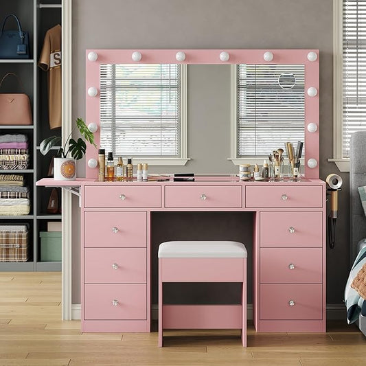 Vanity Desk with Power Outlet, Makeup Vanity with Lighted Mirror, 3 Lighting Modes Adjustable, 9 Drawers Vanity Table with Chair with Fold-up Panel, Glass Top, Dressing Table for Bedroom, Pink