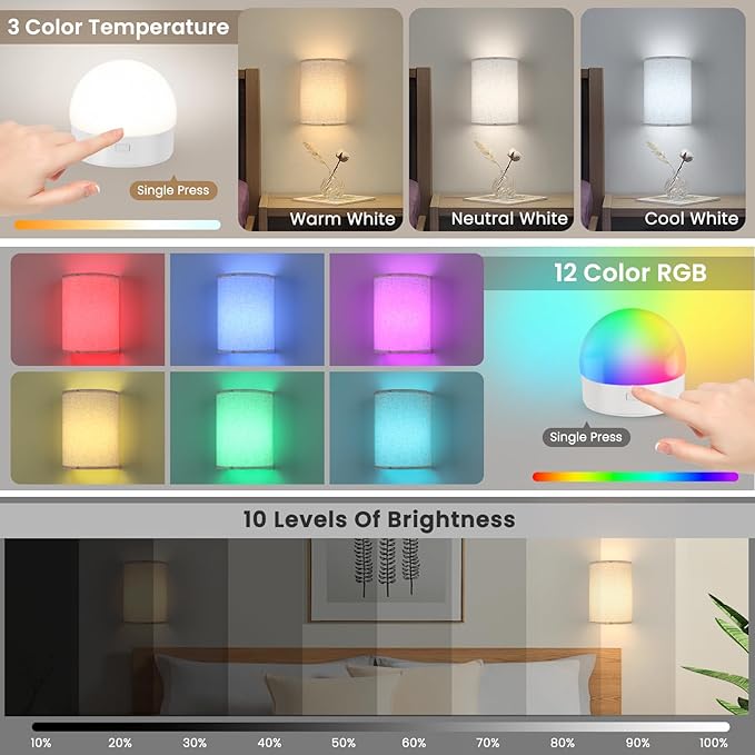 Battery Operated Wall Sconces Set of 2,Rechargeable Wall Lights with Remote Control,15 RGB Colors Dimmable Wall Light with fabric shades,Magnetic Wall Lamp Fixtures for Bedroom Living Room Hallway